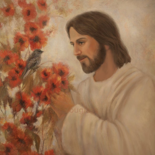 Jesus painting with a sparrow, Print of Jesus Christ, Sparrow, Bird, Jesus Loves all Creatures, Religious, Spiritual, Traci Douglass