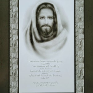Print drawing of Jesus Christ, Drawing of the Savior, Religious, Sayings of compassion, Artwork by Traci Douglass