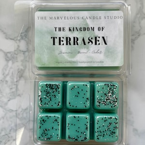 May include: A clear plastic clamshell package containing six teal wax melts. Each melt is square and speckled with black and silver glitter. The label reads "THE KINGDOM OF TERRASEN" and lists the scent as Jasmine, Derne, and Cedar.