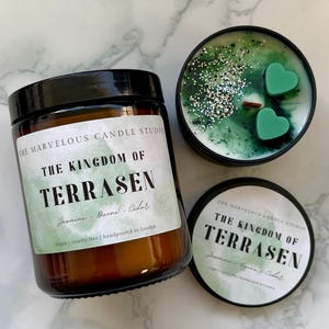 May include: An assortment of scented candles from The Marvelous Candle Studio. One candle is in a brown glass jar with a black lid, and the label reads "The Kingdom of Terrasen." Another candle is in a black tin with green wax and heart-shaped accents.