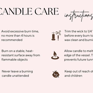 Puede incluir: Gr&aacute;fico rosa claro con instrucciones para el cuidado de las velas. El texto incluye: Evitar el tiempo de combusti&oacute;n excesivo, recortar la mecha a 0,6 cm, quemar sobre una superficie estable, dejar que la vela se derrita hasta el borde, no dejar desatendida.