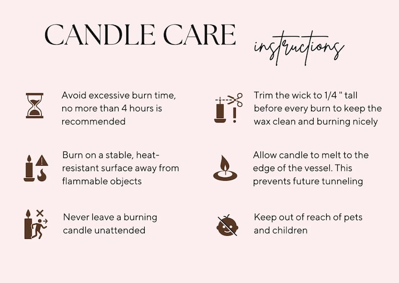 Puede incluir: Gr&aacute;fico rosa claro con instrucciones para el cuidado de las velas. El texto incluye: Evitar el tiempo de combusti&oacute;n excesivo, recortar la mecha a 0,6 cm, quemar sobre una superficie estable, dejar que la vela se derrita hasta el borde, no dejar desatendida.