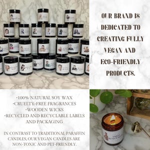 Puede incluir: Una colecci&oacute;n de tarros de velas de vidrio negro con varios rostros de celebridades en las etiquetas. Las velas est&aacute;n hechas con 100% cera de soja natural, fragancias libres de crueldad y mechas de madera. El texto "OUR BRAND IS DEDICATED TO CREATING FULLY VEGAN AND ECO-FRIENDLY PRODUCTS." se muestra en el lado derecho de la imagen.