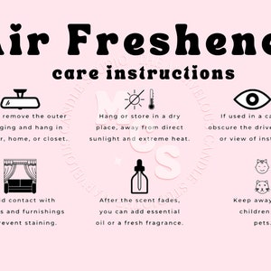 May include: Black and white illustrations on a pink background with instructions for using an air freshener. The instructions include how to hang or store the air freshener, how to avoid staining, how to add essential oils, and how to keep it away from children and pets.