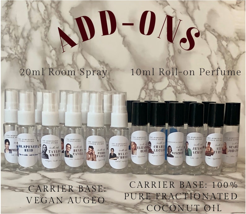 May include: A collection of 20 ml room spray bottles and 10 ml roll-on perfume bottles. The bottles are clear glass with white and black caps. The labels on the bottles feature various celebrity names and images. The text "ADD-ONS" is displayed in large red letters at the top of the image. The text "CARRIER BASE: VEGAN AUGEO" is displayed at the bottom left of the image. The text "CARRIER BASE: 100% PURE FRACTIONATED COCONUT OIL" is displayed at the bottom right of the image.