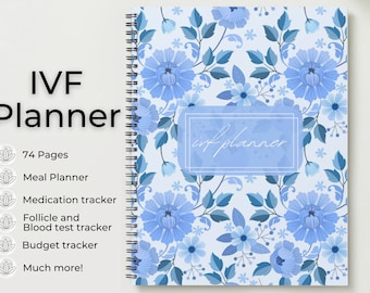 May include: A blue and white floral patterned spiral bound planner with the text "IVF Planner" on the cover. The planner has 74 pages and includes a meal planner, medication tracker, follicle and blood test tracker, budget tracker, and much more.