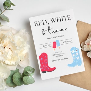 Red White and Two Invitation, 4th of July party, pool party, 2nd birthday, birthday invitation, Canva Template