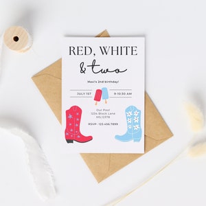 Red White and Two Invitation, 4th of July party, pool party, 2nd birthday, birthday invitation, Canva Template