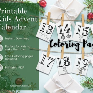 Printable Advent Calendar, Advent Calendar for Kids, Christmas Coloring Page for kids