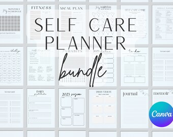 Puede incluir: Un paquete de planificadores de autocuidado imprimibles con fondo azul claro y texto negro. El paquete incluye páginas para un horario mensual, fitness, plan de comidas, viaje de pérdida de peso, juego de autocuidado, planificador semanal, desafío, rutina diaria, hábitos, fechas 2023, lista de tareas, gratitud diaria, visión 2023, visión 2023, diario y memorias.