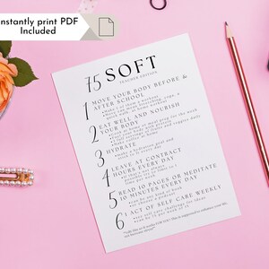 Könnte beinhalten: Eine druckbare Checkliste mit dem Titel "75 Soft Teacher Edition" und sechs Schritten zur Selbstpflege: Bewege deinen Körper vor und nach der Schule, ernähre dich gut und pflege deinen Körper, trinke genug, nimm dir jeden Tag Zeit für dich, lies 10 Seiten oder meditiere 10 Minuten jeden Tag, 1 Akt der Selbstpflege pro Woche.