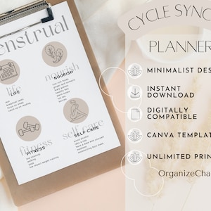 Peut inclure: Un planificateur de cycle menstruel imprimable avec un design minimaliste. Le planificateur présente des icônes pour la vie, la nutrition, la forme physique et les soins personnels. Le texte "CYCLE SYNCING PLANNER" est en haut de la page. Le texte "MINIMALIST DESIGN, INSTANT DOWNLOAD, DIGITALLY COMPATIBLE, CANVA TEMPLATE, UNLIMITED PRINTS, OrganizeChaosCo" est sur le côté droit de la page.