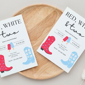 Red White and Two Invitation, 4th of July party, pool party, 2nd birthday, birthday invitation, Canva Template