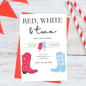 Red White and Two Invitation, 4th of July party, pool party, 2nd birthday, birthday invitation, Canva Template