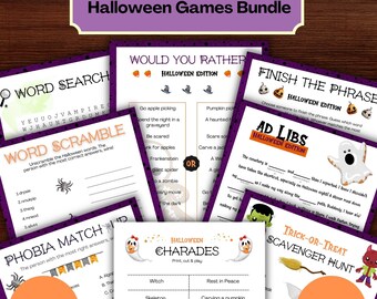 May include: A set of eight printable Halloween party games. The games include word search, word scramble, phobia match, would you rather, finish the phrase, ad libs, Halloween charades, and trick or treat scavenger hunt. The games are designed with a purple and black colour scheme and feature Halloween-themed illustrations.