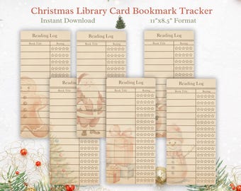 Christmas Library Card Bookmark Tracker, Printable Bookmarks, Book tracker, Reading tracker, book accessories, habit tracker, Christmas gift
