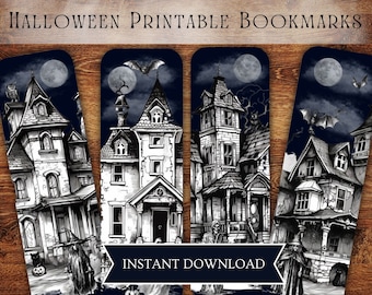 Signets imprimables d'Halloween, signets fantasmagoriques, signet de sorcière, accessoires de livre, cadeau de fête d'Halloween, maison hantée, téléchargement instantané