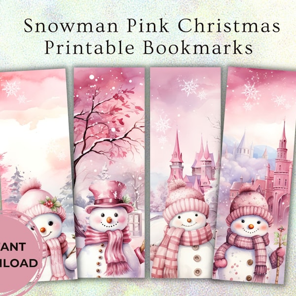 Snowman Pink Christmas Printable Bookmarks, Book accessories, Cute Bookmark, Bookmark set, Christmas printable, Bookmark for women