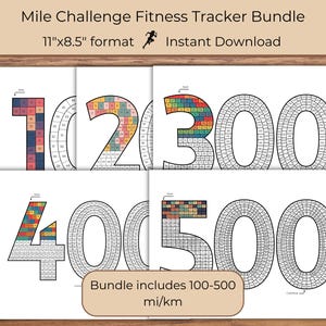 May include: A set of five printable fitness trackers, each featuring a colourful number from 100 to 500. The trackers are designed to be used for tracking miles or kilometres. The text "Bundle includes 100-500 mi/km" is at the bottom of the image.
