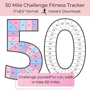 Fitnesstracker för 50-milsutmaning | Målspårare | Träningsspårare | Utskrivbar träningsspårare | Vanespårare för promenader | Körsträckaspårare