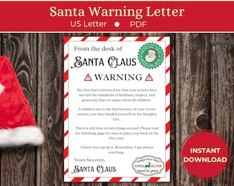 Lettre d'avertissement du père Noël, lettre du père Noël, Noël imprimable, téléchargement immédiat, lettre imprimable US lettre PDF