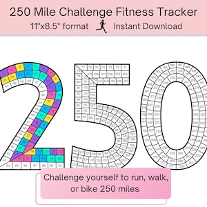 May include: A printable fitness tracker with a black and white design. The tracker is shaped like the number 250. The numbers 1 through 250 are arranged in a circular pattern around the number 250. The text "250 Mile Challenge Fitness Tracker" is at the top of the page. The text "11"x8.5" format" is below the title. The text "Instant Download" is on the right side of the title. The text "Challenge yourself to run, walk, or bike 250 miles" is at the bottom of the page.