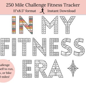Könnte beinhalten: Ein 250 Mile Challenge Fitness-Tracker im 11x8.5 Zoll Format. Das Design zeigt den Text IN MY FITNESS ERA mit nummerierten Kästchen von 1 bis 250 zur Fortschrittskontrolle. Einige Kästchen sind in gedeckten Tönen gehalten, andere sind weiß.
