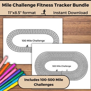 Puede incluir: Paquete de rastreadores de fitness imprimibles con dos diseños de pistas en blanco y negro. El primer diseño es para un desafío de 100 millas y el segundo diseño es para un desafío de 500 millas. Los diseños miden 11 pulgadas por 8,5 pulgadas.