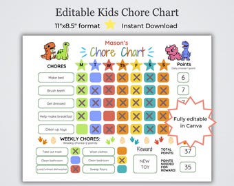 Può includere: Un grafico delle faccende domestiche stampabile per bambini con tema di dinosauri. Il grafico include un elenco di faccende quotidiane e settimanali con punti per ogni compito completato. Il grafico è completamente modificabile in Canva.