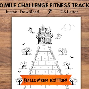 May include: A printable fitness tracker in the shape of a pyramid with a haunted house at the top. The tracker is designed for a 50-mile challenge and features a Halloween theme. The text "HALLOWEEN EDITION!" is printed in red at the bottom of the tracker.
