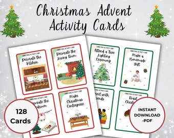 May include: A set of 128 printable Christmas Advent activity cards featuring illustrations of festive activities like decorating the kitchen, attending a tree lighting ceremony, and making a homemade gift. The cards are designed with a green and red border and feature a festive Christmas tree illustration.