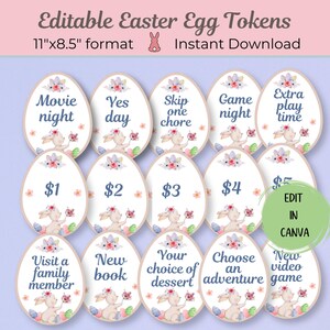 Editable Easter egg tokens printable, Easter coupons, Bunny tokens, Easter basket stuffers, Outdoor Easter egg hunt, Easter tokens