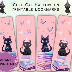 Cute Cat Halloween Printable Bookmarks, Book accessories, Cat Bookmark, Pink Halloween, Pastel Halloween, Cute Bookmark