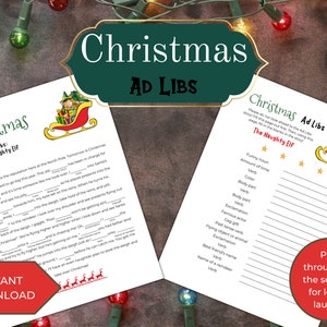 May include: Printable Christmas Ad Libs game with a red and white elf riding a sleigh with presents. The game includes a fill-in-the-blank story with a list of words to use.