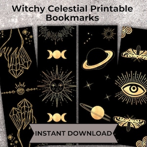 Witchy Celestial Printable Bookmarks, book accessories, bookmark set, instant download