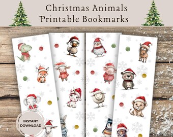 May include: Printable Christmas animal bookmarks featuring a variety of animals wearing Santa hats. The bookmarks are white with a snowflake pattern and red and green accents.