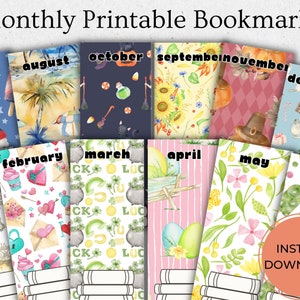 May include: Twelve printable bookmarks featuring different watercolor designs for each month of the year. Each bookmark has a stack of three books at the bottom and the month's name at the top.