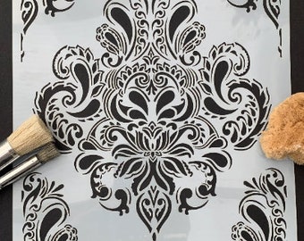 Damask inspired design, stencil in A4 for furniture, walls, fabric, etching, murals, screen printing art, click to paint and decorate now