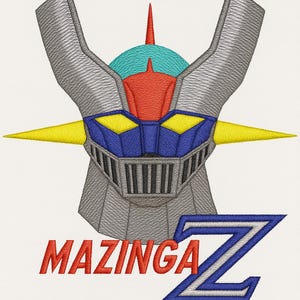 Schema ricamo robot Mazinga Z, file digitali per macchina, design mecha vintage e robot spaziale, matrice digitalizzata