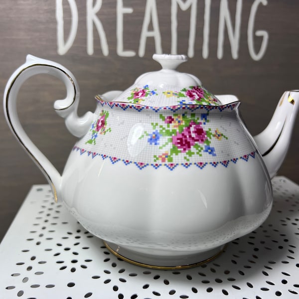 Royal Albert Petit Point Vintage Bone China Individually Priced Teapot, cream sugar, salt pepper, trios, place settings, cake plate