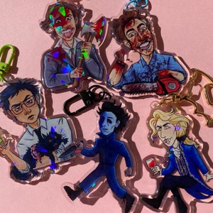 Op horrorfilm geïnspireerde epoxy-acrylsleutelhangers - Ash Williams, Herbert West, Michael Myers, Patrick Bateman, Lestat de Lioncourt
