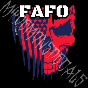 May include: A graphic design featuring a red and blue skull with an American flag design. The word "FAFO" is in white block letters at the top. The text "MY DEMONS DECALS" and "WNSDECAL515" are in a gray, stylized font.