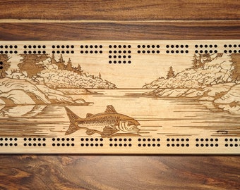 Fish swimming in a river, 3 Track Cribbage Board - Laser engraved