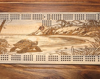 Turtle walking on a beach, 3 Track Cribbage Board - Laser engraved