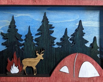 Deer. Tent, Campfire, Mountains & Trees 3D Shadow Box with patina metal background