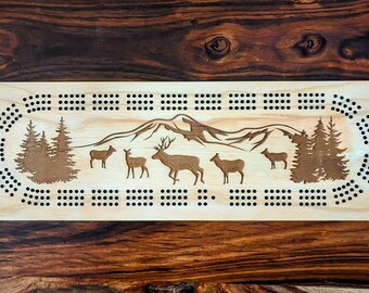 Elk  3 Track Cribbage Board - Laser engraved