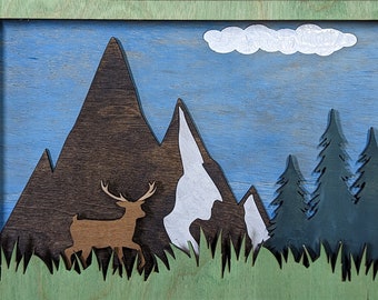 Deer, Mountains & Trees 3D Shadow Box