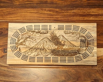 Bald Eagle on a nest with a mountain 4 Track Cribbage Board - Laser engraved