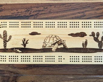 Desert tortoise with cactus, 3 Track Cribbage Board - Laser engraved