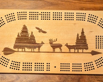 Elk scene on an arrow, 4 Track Cribbage Board - Laser engraved